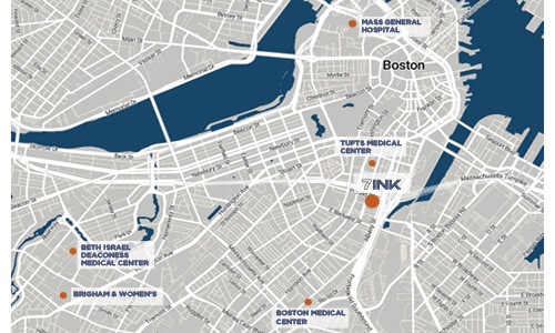 Map showing the distance between 7INK and Boston hospitals 
