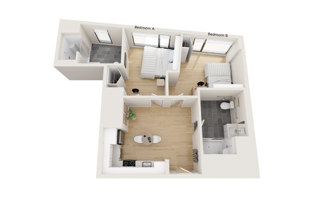 Bell - 2 bedroom floorplan layout with 2 baths and 640 square feet. Bell - 2 bedroom floorplan layout with 2 baths and 640 square feet.