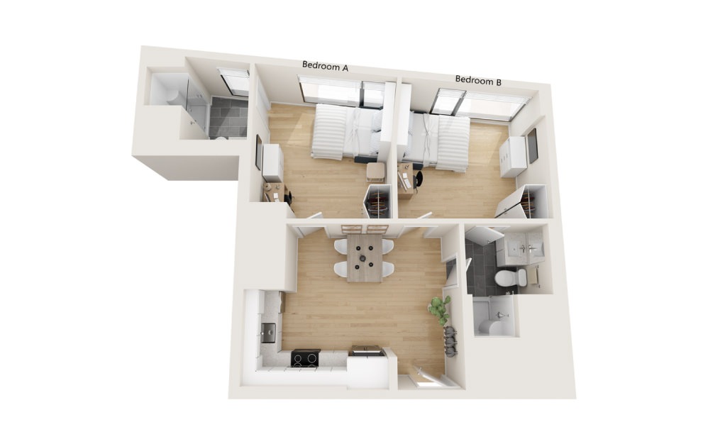 Veranda - 2 bedroom floorplan layout with 2 baths and 645 square feet.