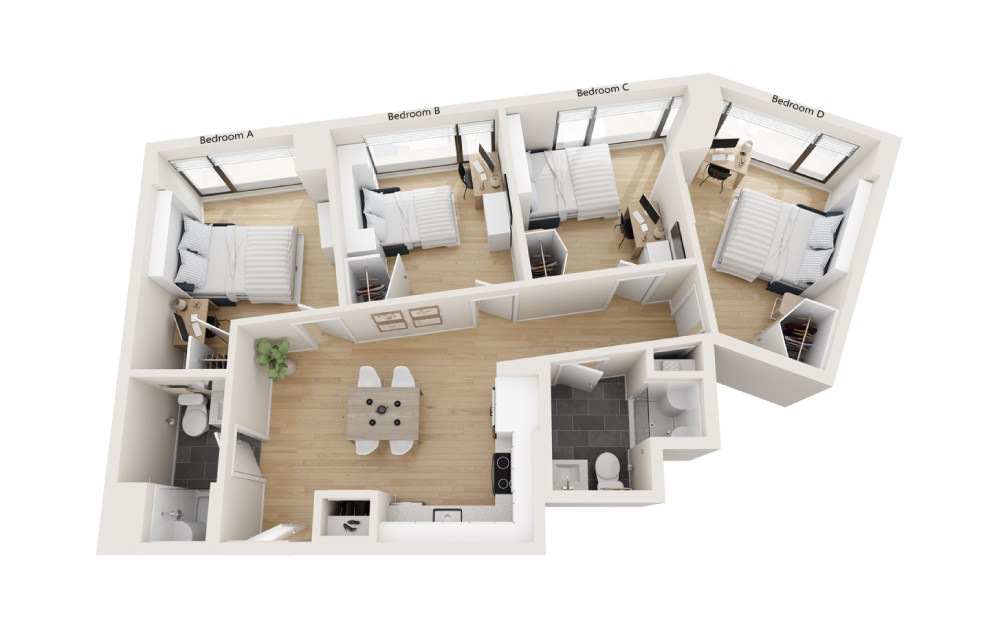 Century - 4 bedroom floorplan layout with 2 baths and 964 square feet.