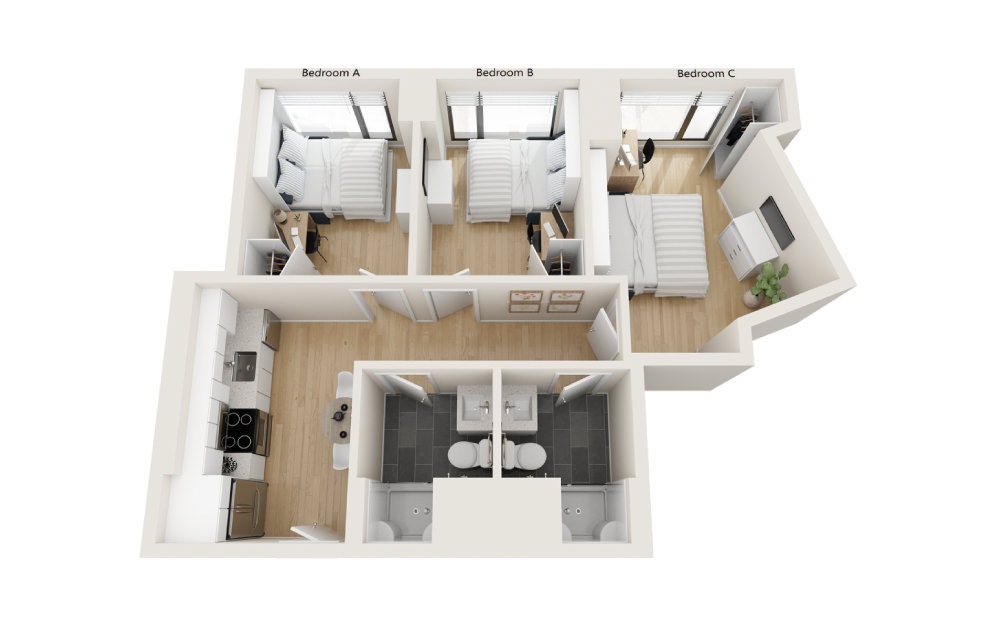 Rockwell - 3 bedroom floorplan layout with 2 baths and 720 square feet.