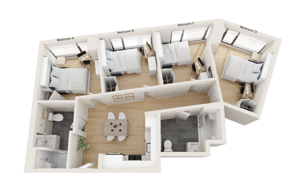 Bookman - 4 bedroom floorplan layout with 2 baths and 965 square feet. Bookman - 4 bedroom floorplan layout with 2 baths and 965 square feet.