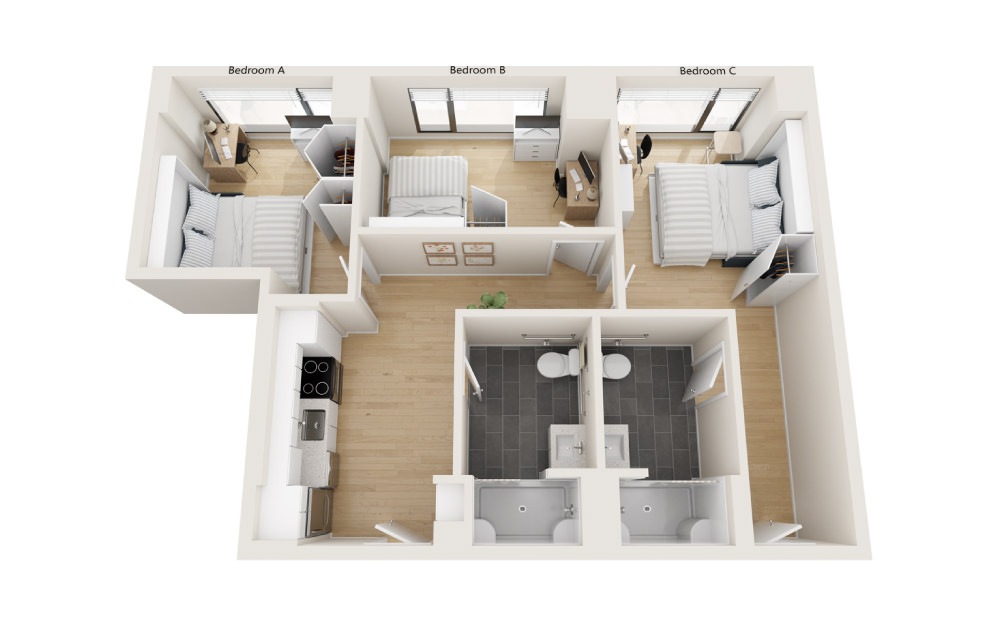 Lucida - 3 bedroom floorplan layout with 2 baths and 842 square feet.