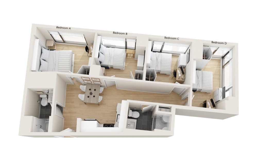 Impact - 4 bedroom floorplan layout with 2 baths and 900 square feet.