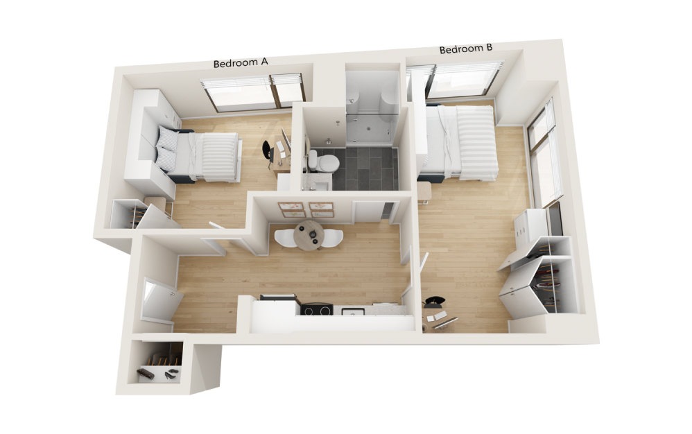 Broadway - 2 bedroom floorplan layout with 1 bath and 504 square feet.