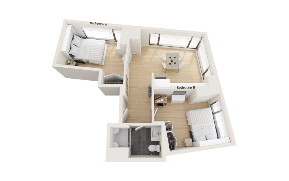 Swis - 2 bedroom floorplan layout with 1 bath and 579 square feet.