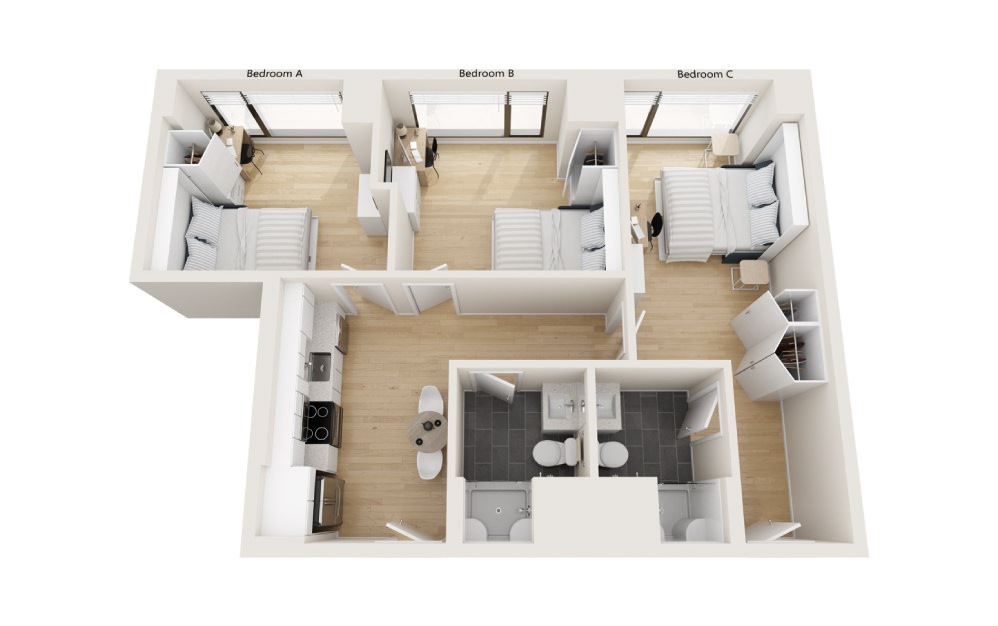 Harrington - 3 bedroom floorplan layout with 2 baths and 843 square feet.