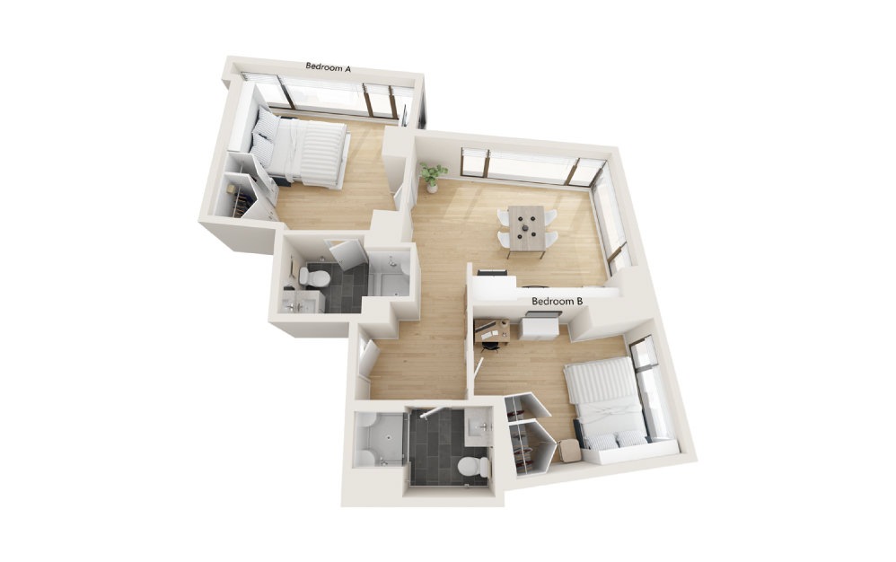 Adobe - 2 bedroom floorplan layout with 2 baths and 665 square feet.