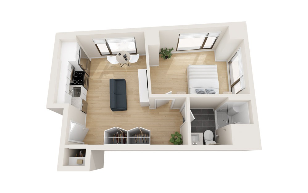 Arial - 1 bedroom floorplan layout with 1 bath and 494 square feet. Arial - 1 bedroom floorplan layout with 1 bath and 494 square feet.