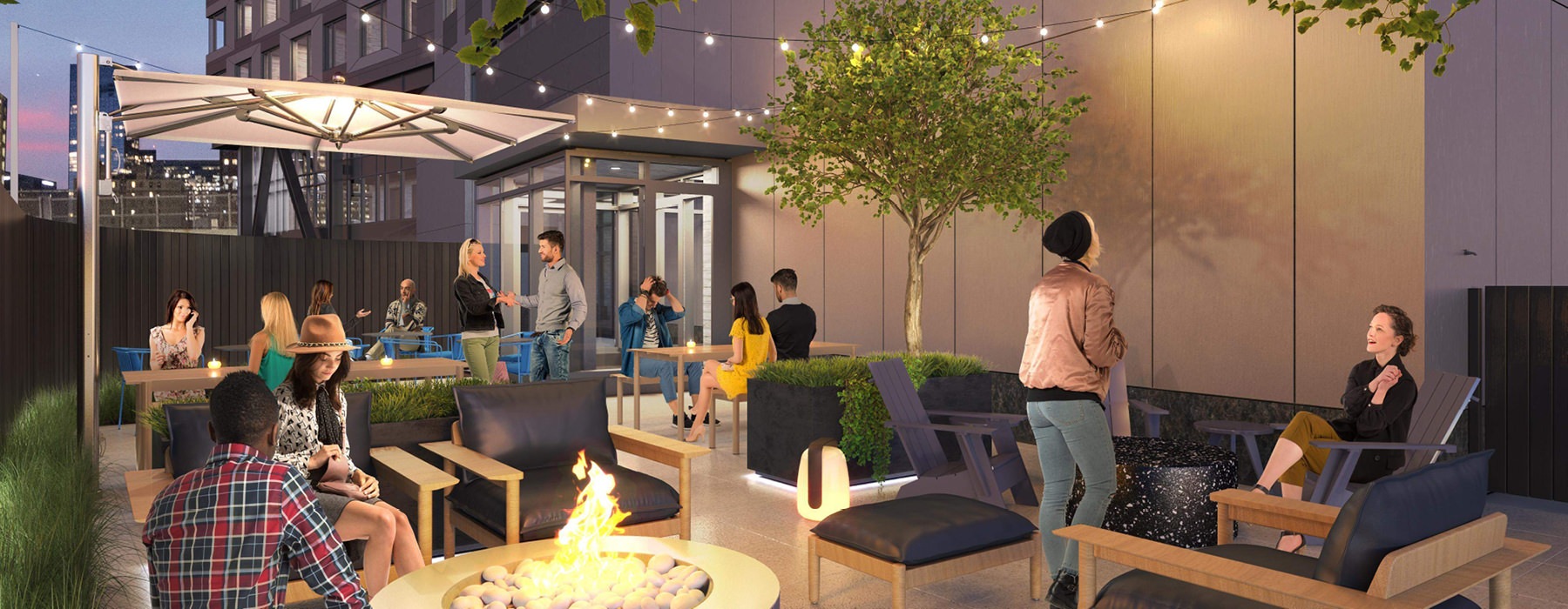 rendering of outdoor space with firepit, hanging lights and chairs 